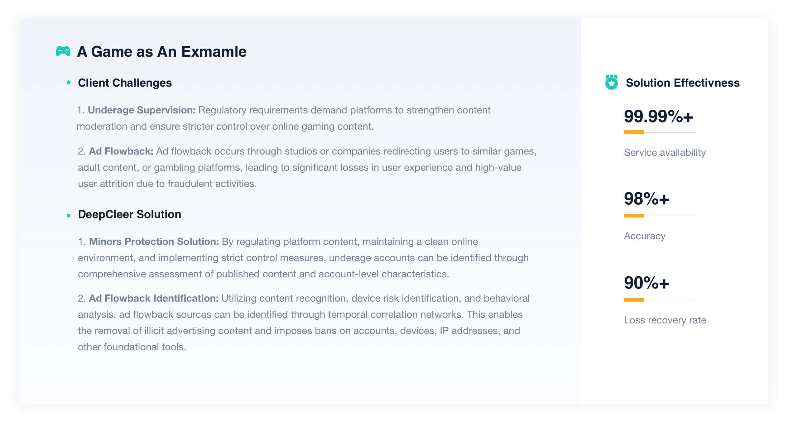 Case study on game content moderation and ad flowback issues. Highlights challenges of underage supervision and ad flowback in online gaming. DeepCleer solutions include minors protection through content regulation and identification of ad flowback sources using content recognition, device risk identification, and behavioral analysis.