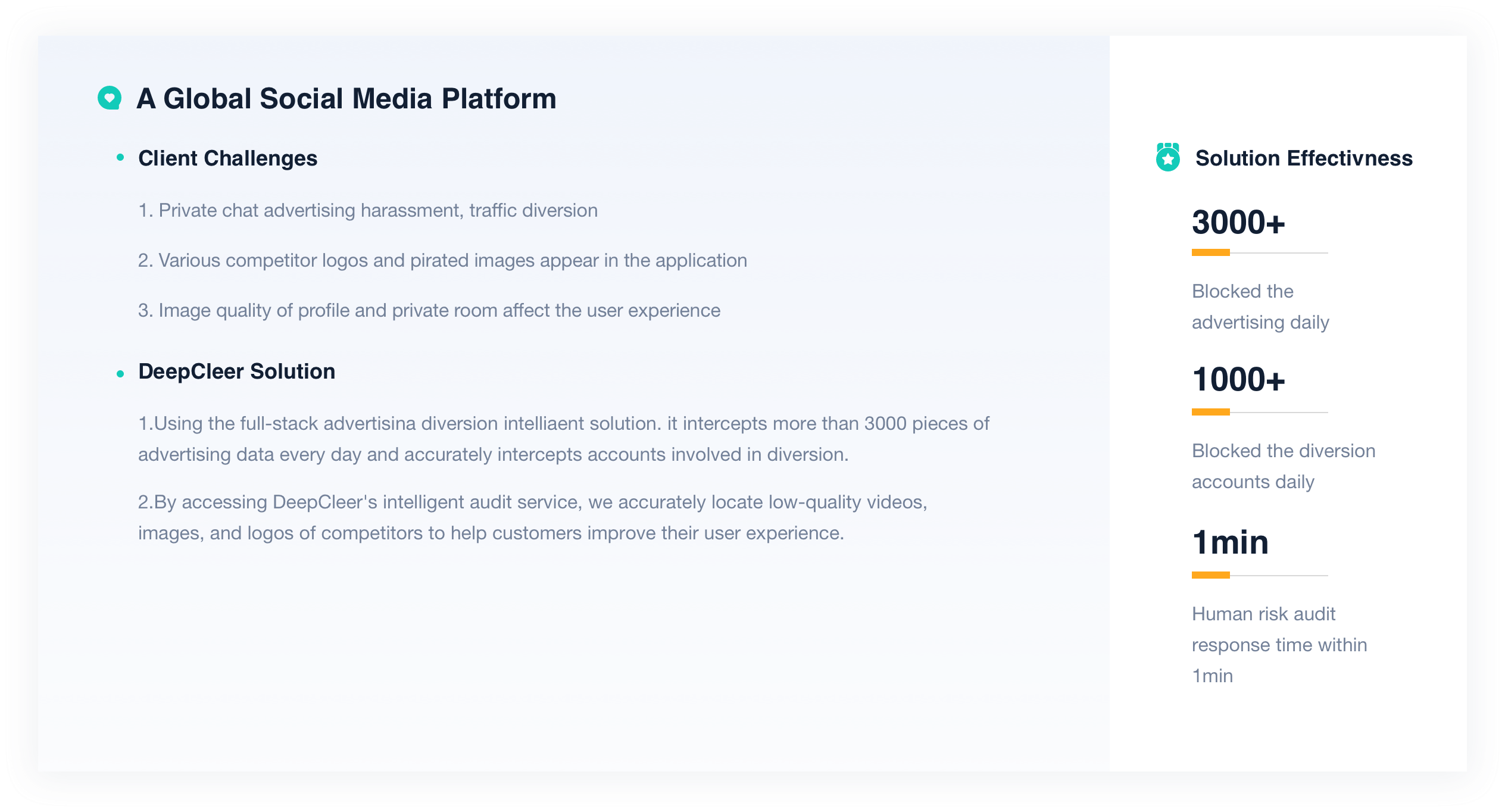 Case study outlining client challenges such as private chat advertising harassment, competitor logos and pirated images, and low image quality, along with DeepCleer's solutions and effectiveness in blocking advertising and diversion accounts.